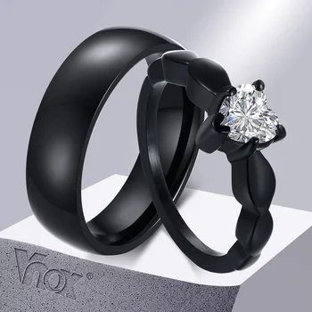 Vnox לב רומנטי CZ אבן זוג טבעות נישואין לנשים, גברים, צבע שחור נירוסטה להקות אירוסין תכשיטים, אהבה מתנה